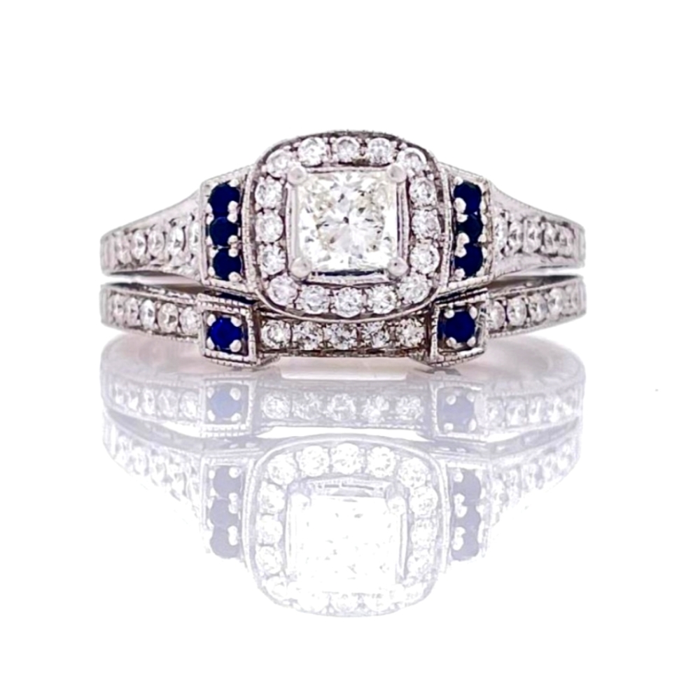 HELZBERG HDS 14K WHITE GOLD .72CTW DIAMOND & BLUE SAPPHIRE WEDDING SET
